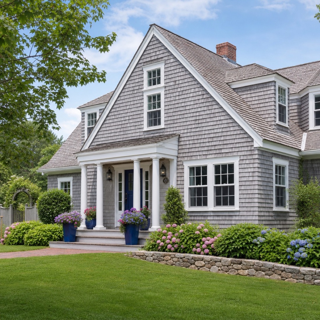 A classic Cape Cod shingled home on a sunny day