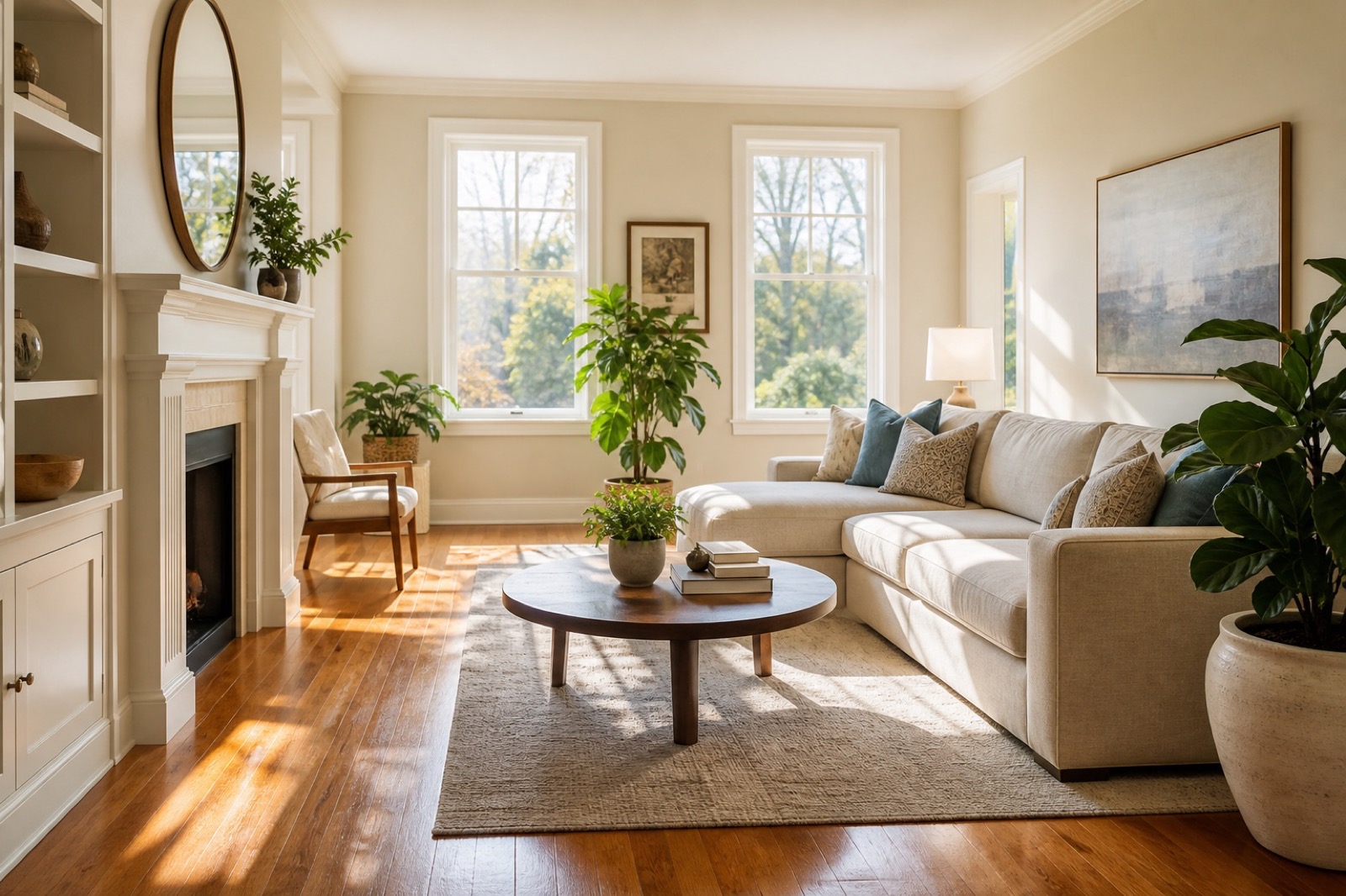 Bright, freshly cleaned living room filled with warm morning light